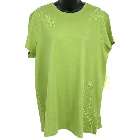 Coldwater Creek Green Women Plus 2X Top Tee Shirt Short Sleeve Embroidery New - Picture 1 of 9